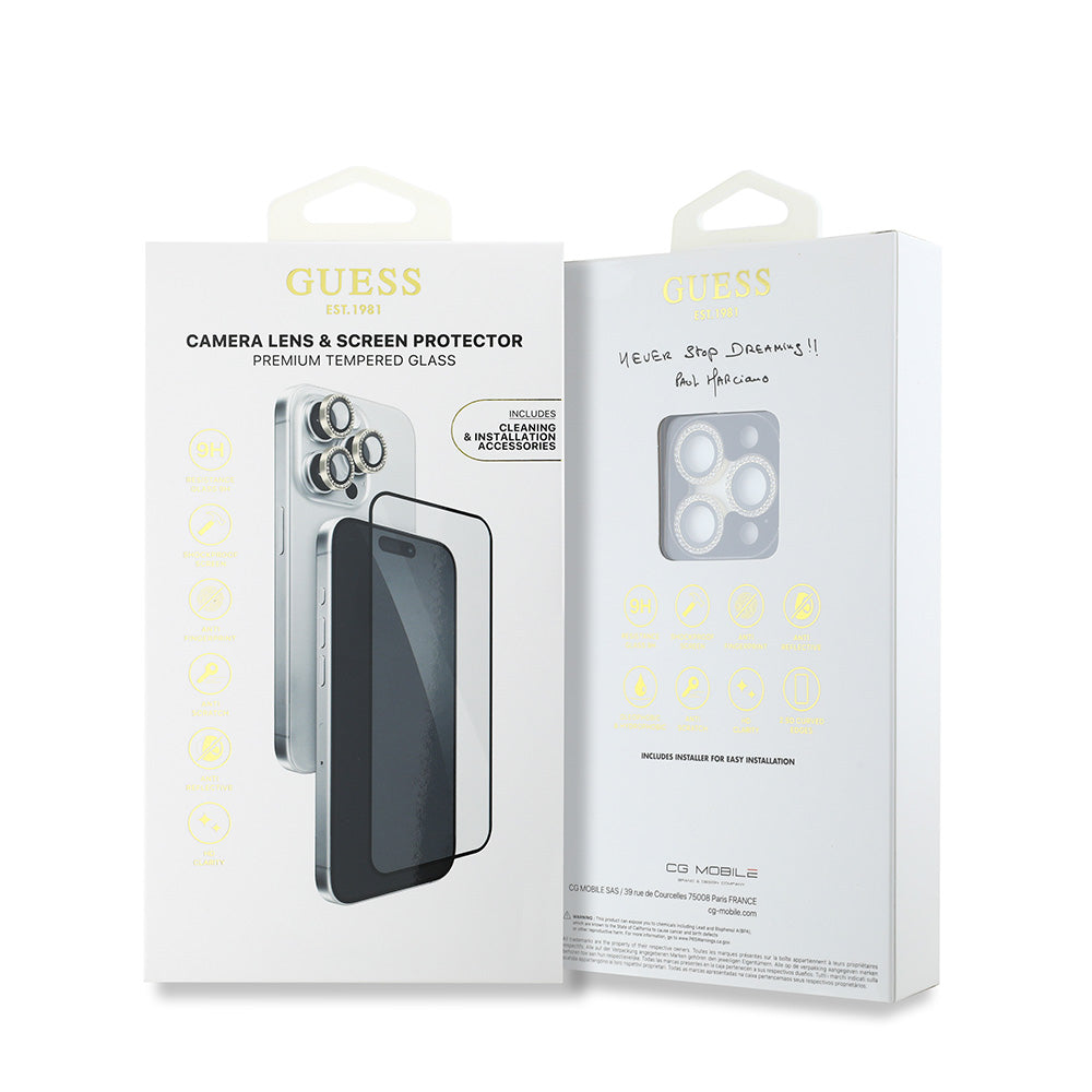 Apple iPhone 16 Pro Max Guess Rhinestone Ekran ve Lens Koruyucu 2'li Aksesuar Seti Gold