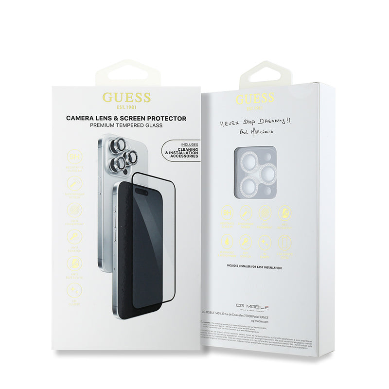 Apple iPhone 16 Pro Max Guess Rhinestone Ekran ve Lens Koruyucu 2'li Aksesuar Seti Gümüş