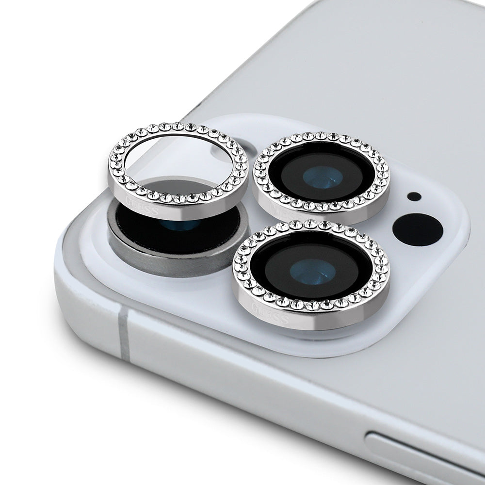 Apple iPhone 16 Pro Max Guess Rhinestone Ekran ve Lens Koruyucu 2'li Aksesuar Seti Gümüş