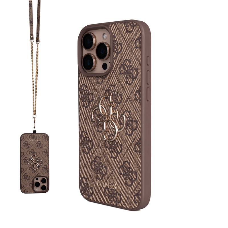 Apple iPhone 16 Pro Max Kılıf Guess 4G Büyük Metal Logolu Askılı Kapak Kahverengi