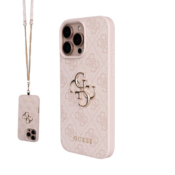 Apple iPhone 16 Pro Max Kılıf Guess 4G Büyük Metal Logolu Askılı Kapak Pembe