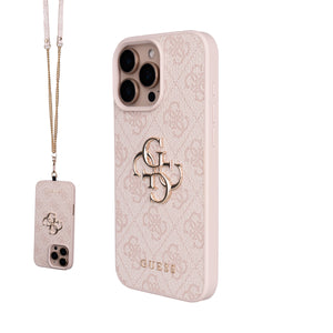 Apple iPhone 16 Pro Max Kılıf Guess 4G Büyük Metal Logolu Askılı Kapak Pembe