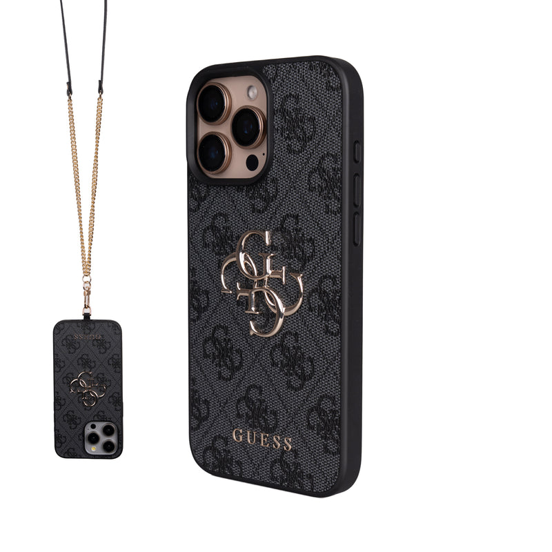 Apple iPhone 16 Pro Max Kılıf Guess 4G Büyük Metal Logolu Askılı Kapak Siyah