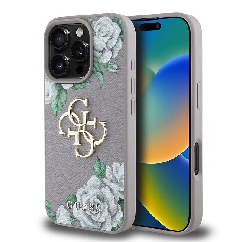 Apple iPhone 16 Pro Kılıf Guess Beyaz Gül Baskılı Büyük Metal Logolu Kapak Gri