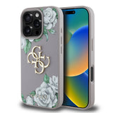 Apple iPhone 16 Pro Kılıf Guess Beyaz Gül Baskılı Büyük Metal Logolu Kapak Gri