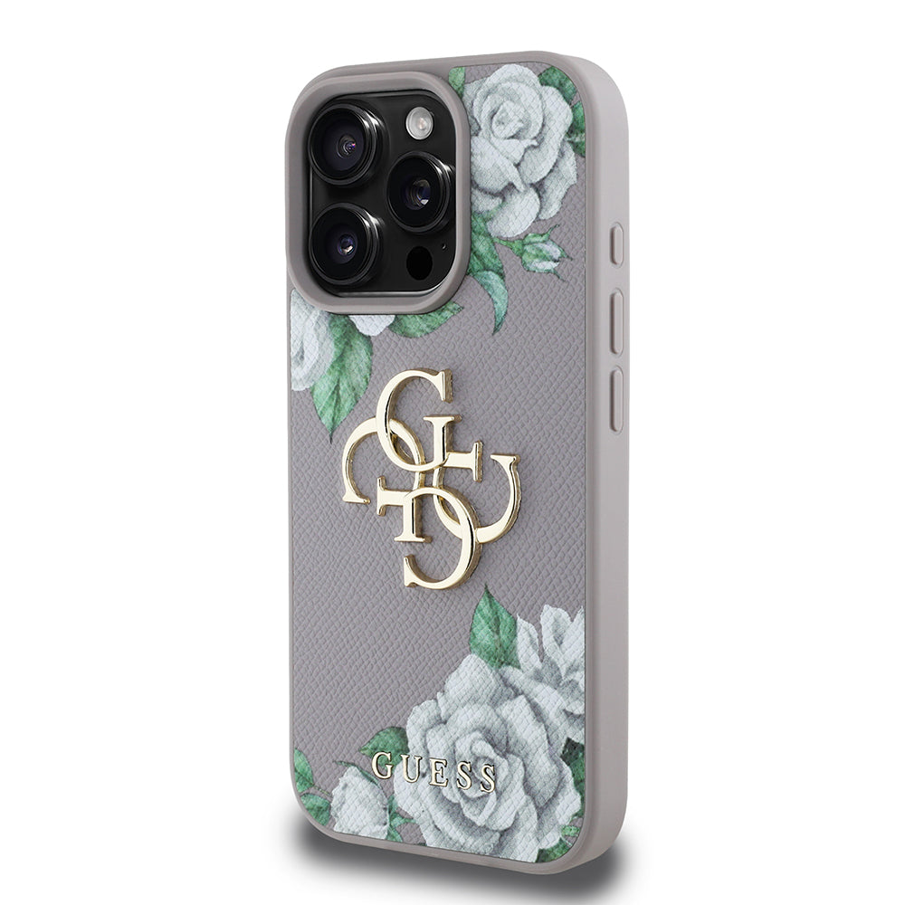 Apple iPhone 16 Pro Kılıf Guess Beyaz Gül Baskılı Büyük Metal Logolu Kapak Gri