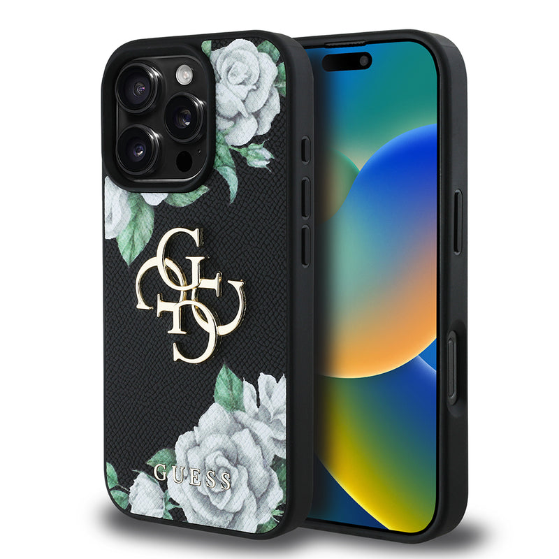 Apple iPhone 16 Pro Kılıf Guess Beyaz Gül Baskılı Büyük Metal Logolu Kapak Siyah