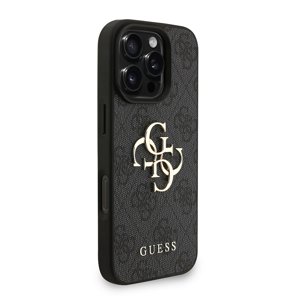 Apple iPhone 16 Pro Max Kılıf Guess Bilek Askı İpli Kapak Metal Büyük 4G ve Yazı Logolu Siyah