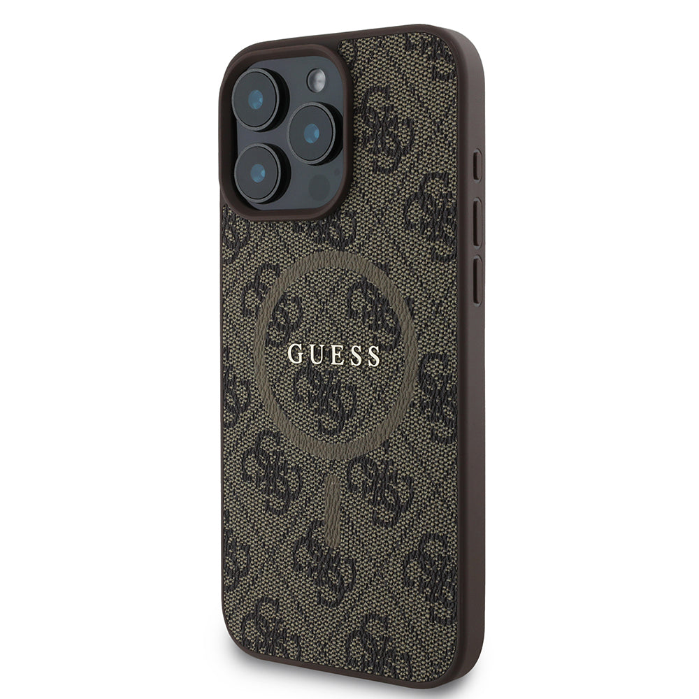 Apple iPhone 16 Pro Max Kılıf Guess Halkalı Magsafe Şarj Özellikli PU 4G Desenli Kapak Kahverengi