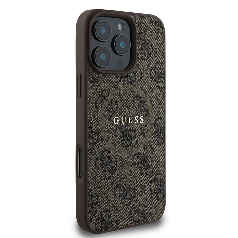 Apple iPhone 16 Pro Max Kılıf Guess Halkalı Magsafe Şarj Özellikli PU 4G Desenli Kapak Kahverengi