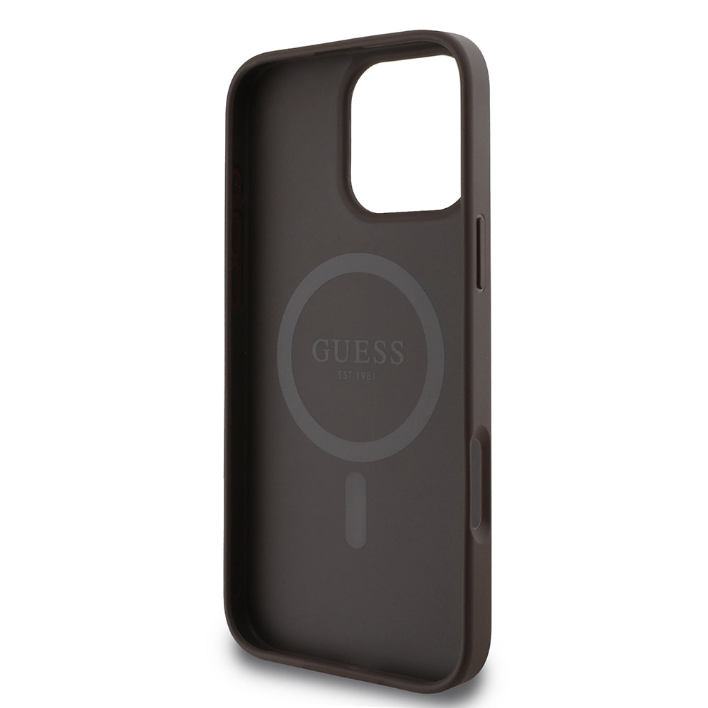 Apple iPhone 16 Pro Max Kılıf Guess Halkalı Magsafe Şarj Özellikli PU 4G Desenli Kapak Kahverengi