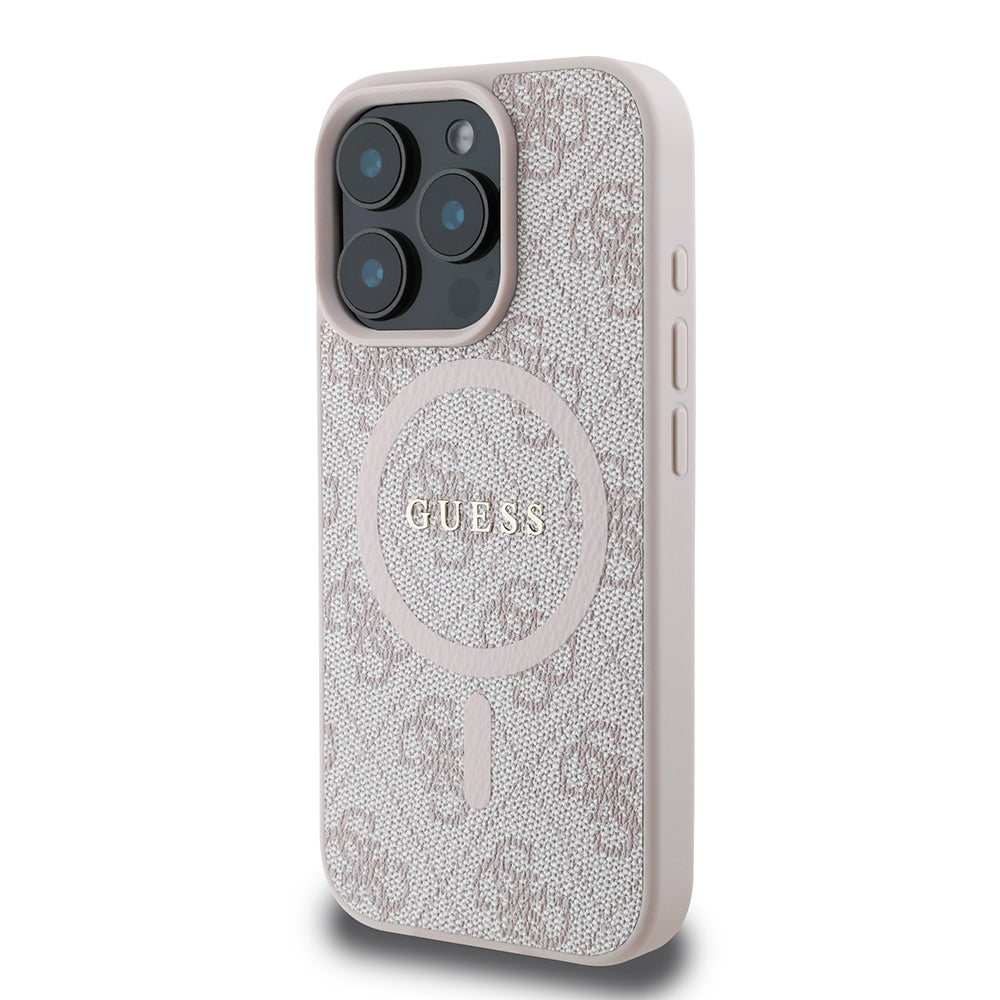 Apple iPhone 16 Pro Max Kılıf Guess Halkalı Magsafe Şarj Özellikli PU 4G Desenli Kapak Pembe
