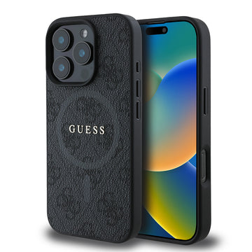 Apple iPhone 16 Pro Max Kılıf Guess Halkalı Magsafe Şarj Özellikli PU 4G Desenli Kapak Siyah