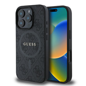 Apple iPhone 16 Pro Max Kılıf Guess Halkalı Magsafe Şarj Özellikli PU 4G Desenli Kapak Siyah