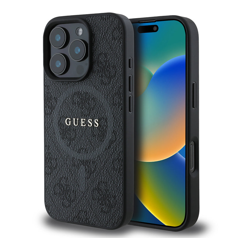 Apple iPhone 16 Pro Max Kılıf Guess Halkalı Magsafe Şarj Özellikli PU 4G Desenli Kapak Siyah