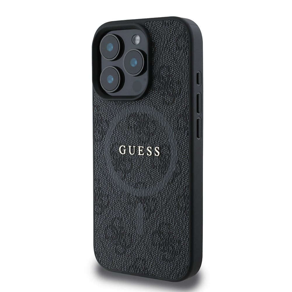Apple iPhone 16 Pro Max Kılıf Guess Halkalı Magsafe Şarj Özellikli PU 4G Desenli Kapak Siyah
