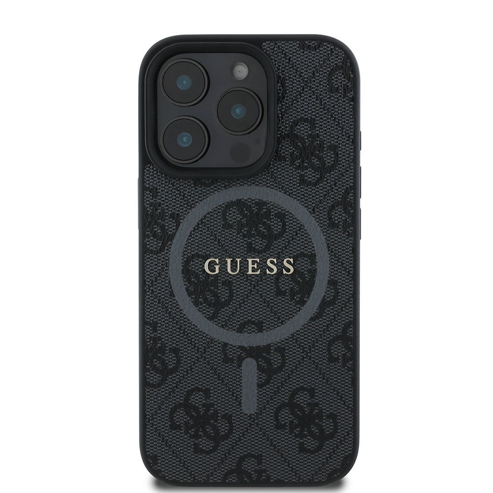 Apple iPhone 16 Pro Max Kılıf Guess Halkalı Magsafe Şarj Özellikli PU 4G Desenli Kapak Siyah