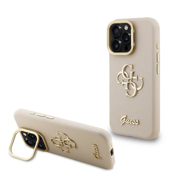 Apple iPhone 16 Pro Max Kılıf Guess Kamera Standlı Grained Yazı Logolu Kapak Bej