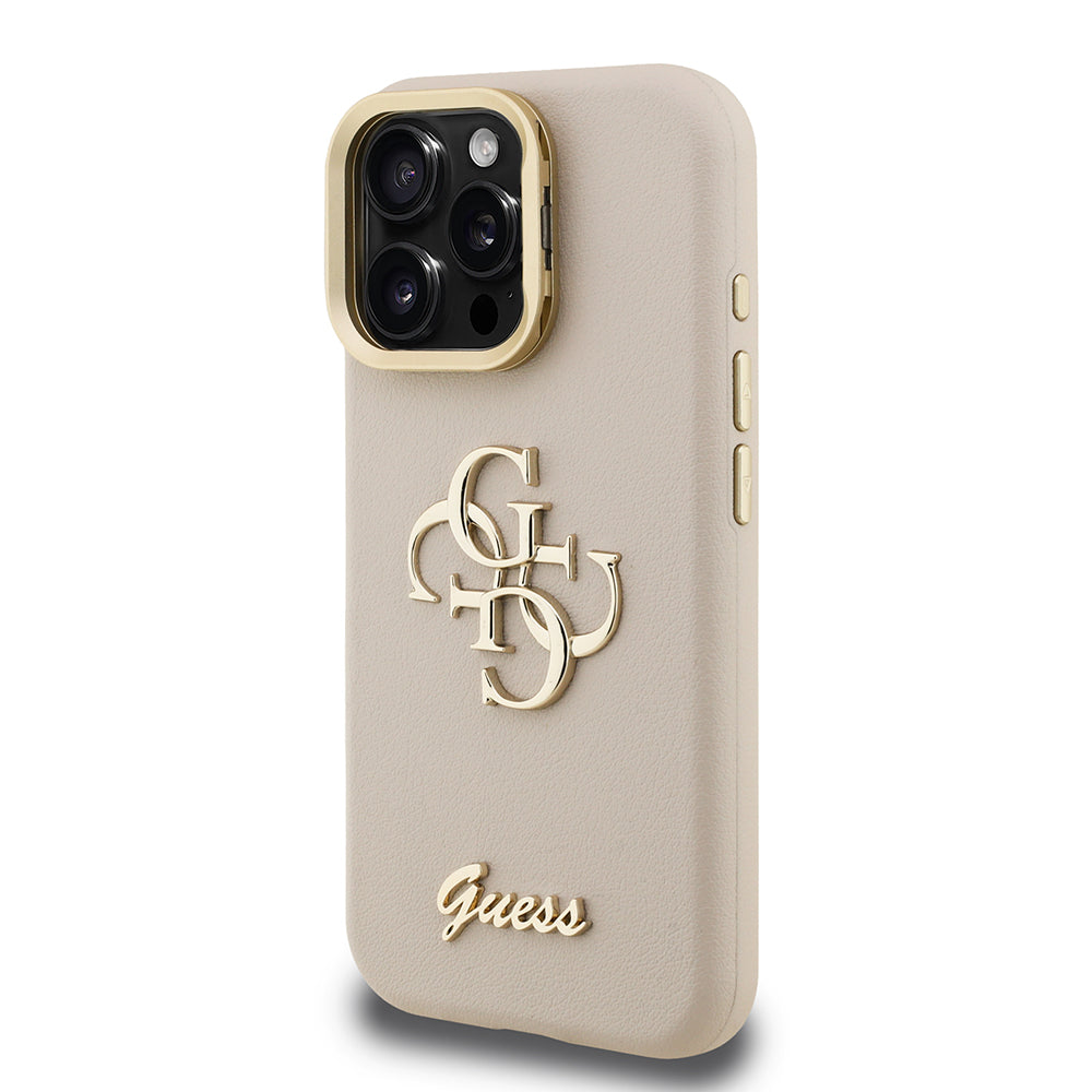Apple iPhone 16 Pro Max Kılıf Guess Kamera Standlı Grained Yazı Logolu Kapak Bej