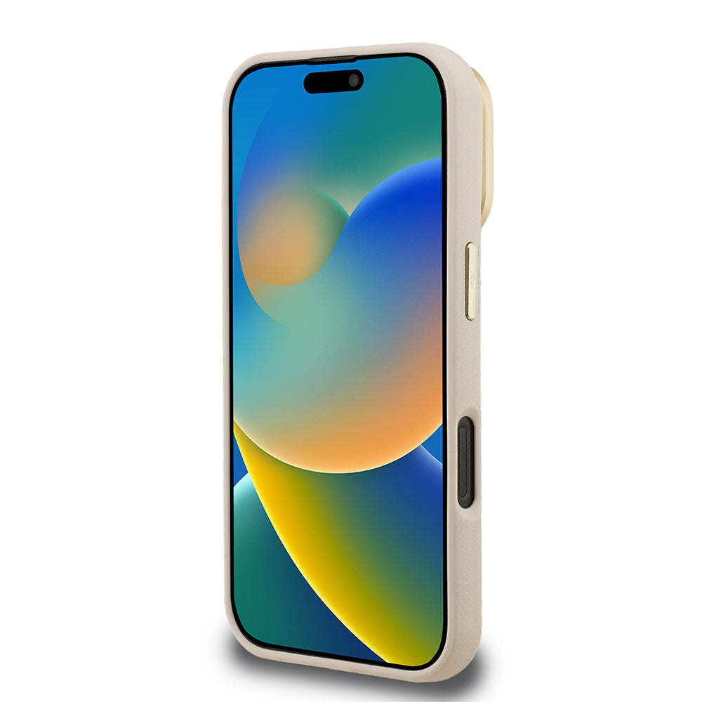 Apple iPhone 16 Pro Max Kılıf Guess Kamera Standlı Grained Yazı Logolu Kapak Bej