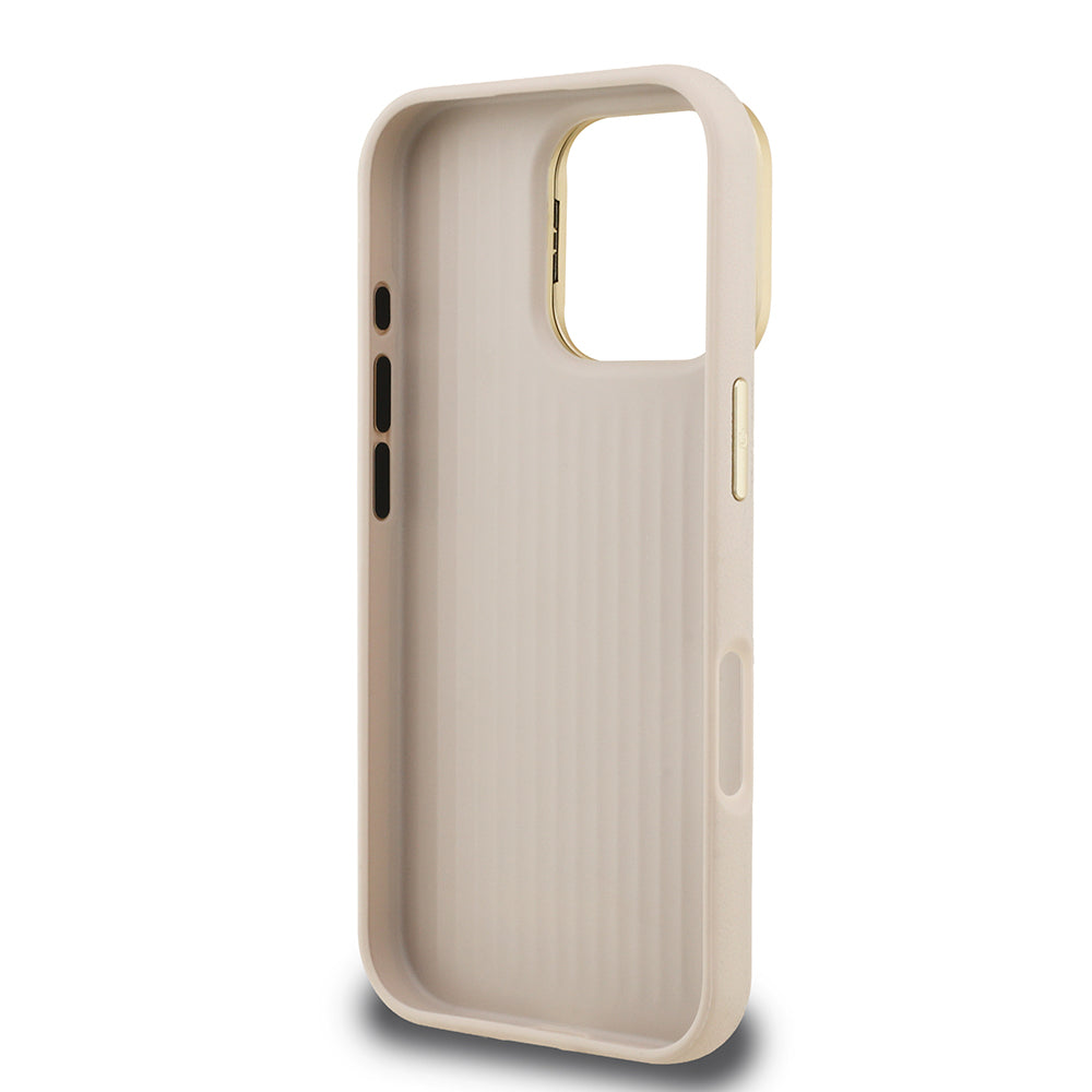 Apple iPhone 16 Pro Max Kılıf Guess Kamera Standlı Grained Yazı Logolu Kapak Bej
