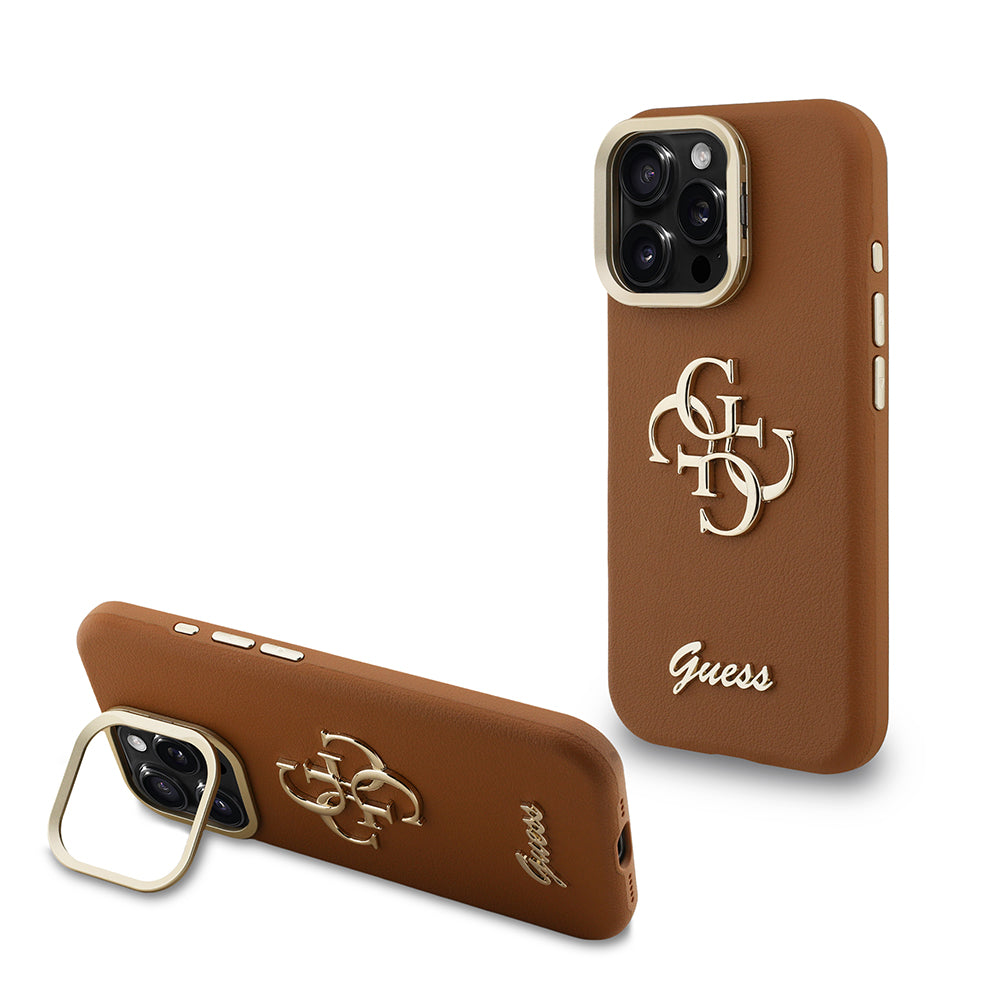 Apple iPhone 16 Pro Max Kılıf Guess Kamera Standlı Grained Yazı Logolu Kapak Kahverengi