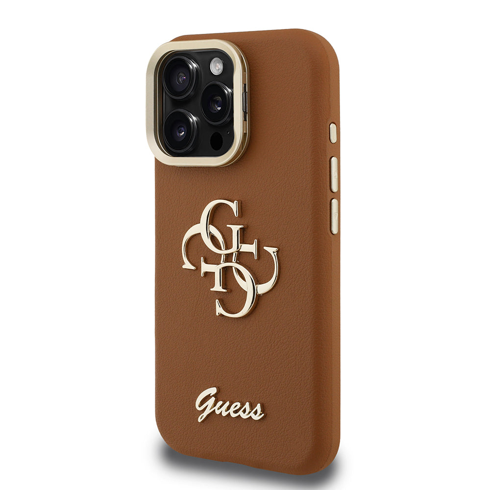 Apple iPhone 16 Pro Max Kılıf Guess Kamera Standlı Grained Yazı Logolu Kapak Kahverengi