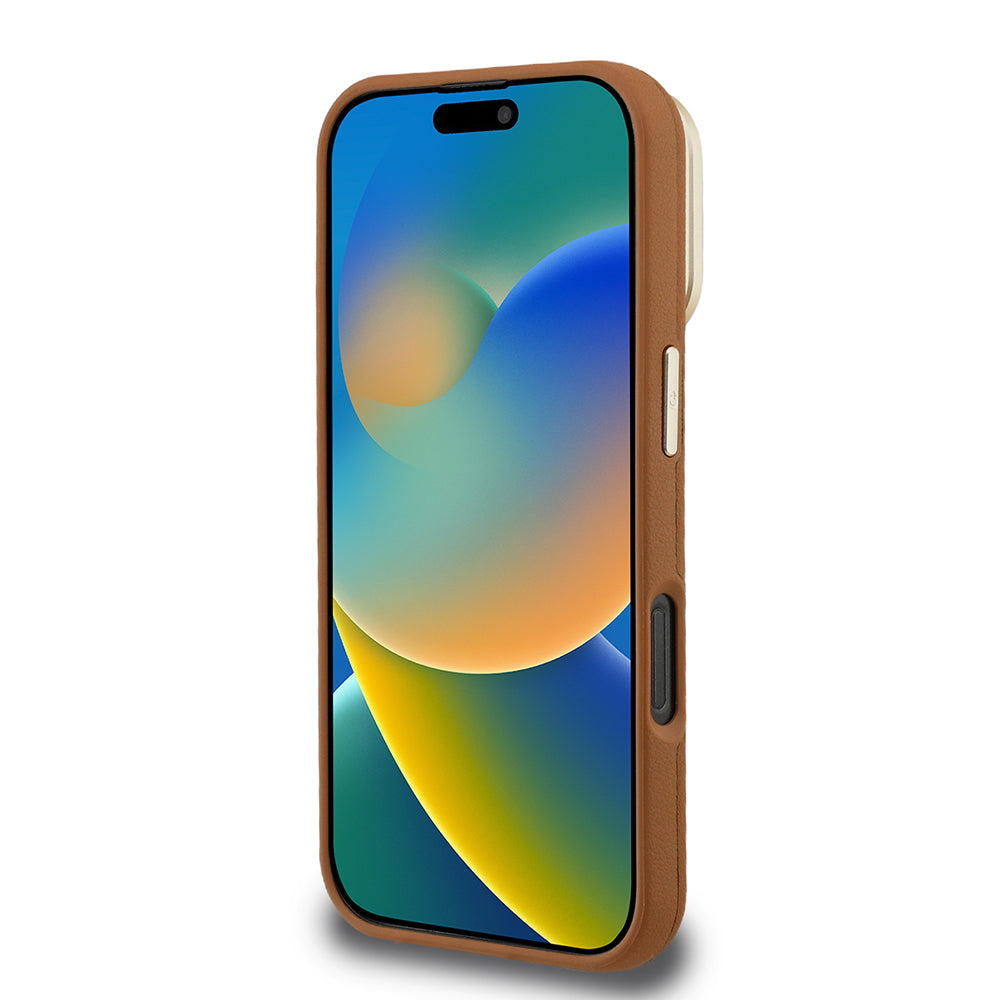 Apple iPhone 16 Pro Max Kılıf Guess Kamera Standlı Grained Yazı Logolu Kapak Kahverengi