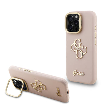 Apple iPhone 16 Pro Max Kılıf Guess Kamera Standlı Grained Yazı Logolu Kapak Pembe