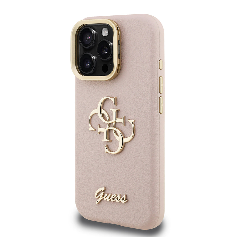 Apple iPhone 16 Pro Max Kılıf Guess Kamera Standlı Grained Yazı Logolu Kapak Pembe