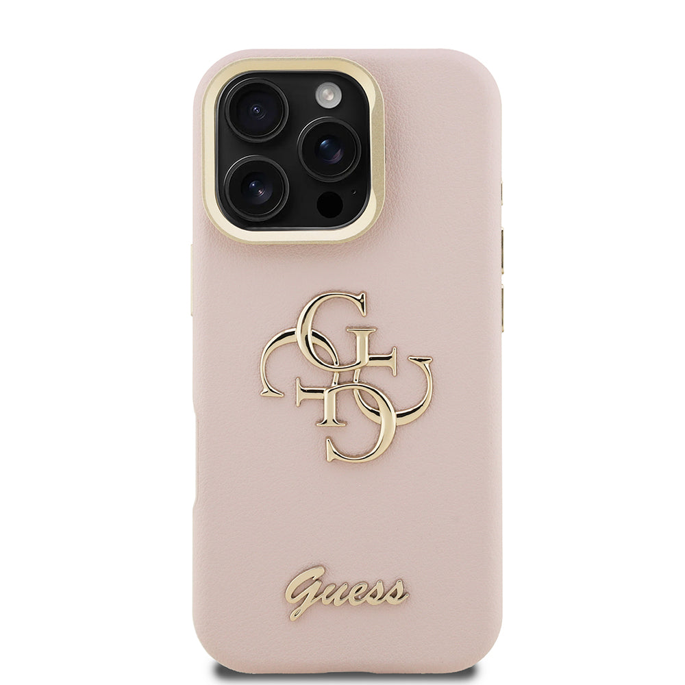 Apple iPhone 16 Pro Max Kılıf Guess Kamera Standlı Grained Yazı Logolu Kapak Pembe