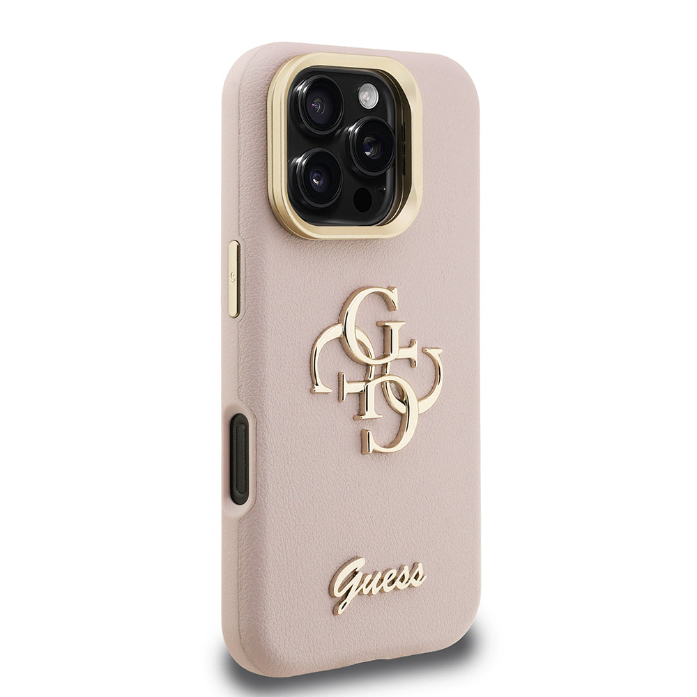 Apple iPhone 16 Pro Max Kılıf Guess Kamera Standlı Grained Yazı Logolu Kapak Pembe