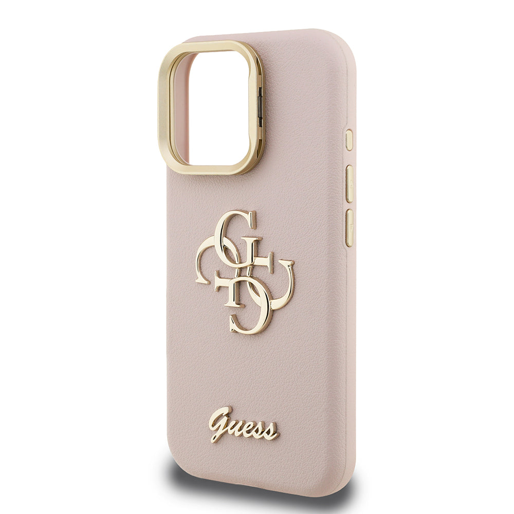 Apple iPhone 16 Pro Max Kılıf Guess Kamera Standlı Grained Yazı Logolu Kapak Pembe