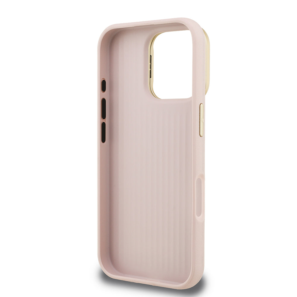 Apple iPhone 16 Pro Max Kılıf Guess Kamera Standlı Grained Yazı Logolu Kapak Pembe