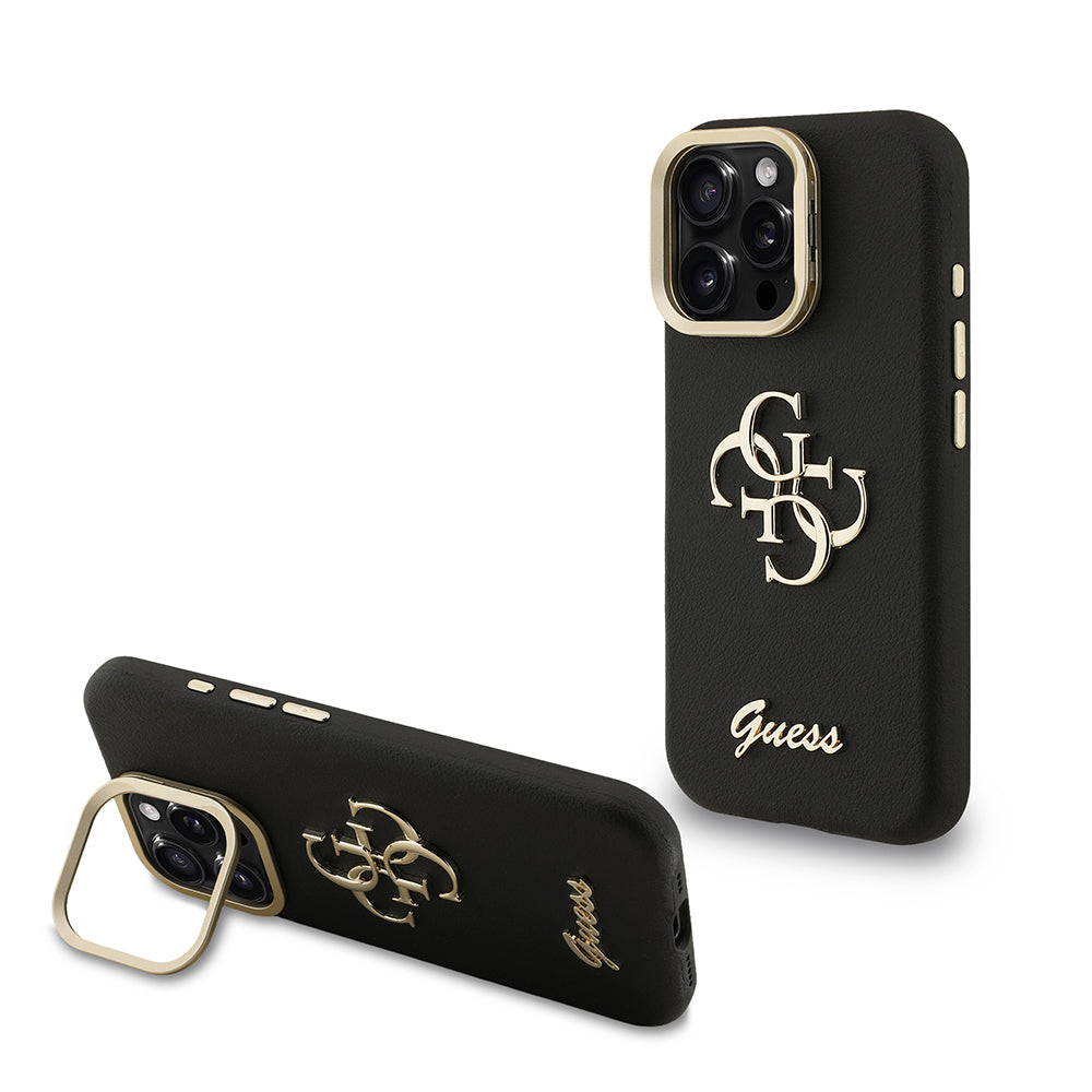 Apple iPhone 16 Pro Max Kılıf Guess Kamera Standlı Grained Yazı Logolu Kapak Siyah