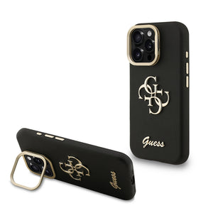 Apple iPhone 16 Pro Max Kılıf Guess Kamera Standlı Grained Yazı Logolu Kapak Siyah