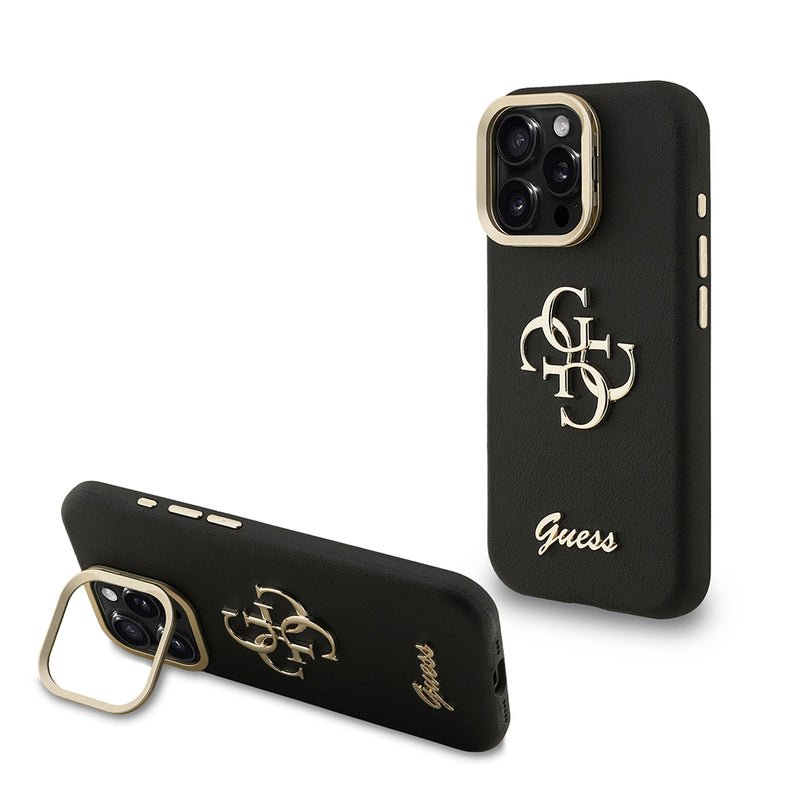Apple iPhone 16 Pro Max Kılıf Guess Kamera Standlı Grained Yazı Logolu Kapak Siyah