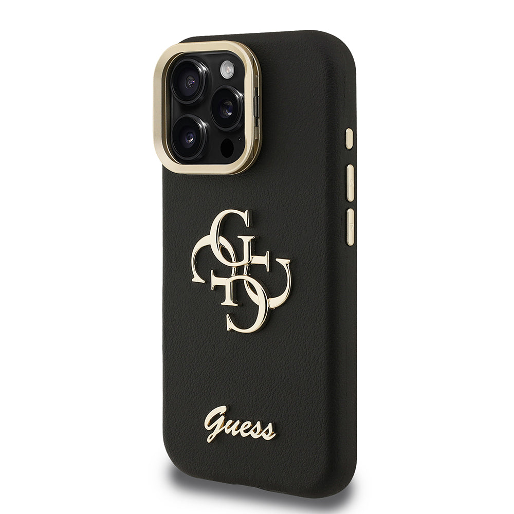 Apple iPhone 16 Pro Max Kılıf Guess Kamera Standlı Grained Yazı Logolu Kapak Siyah