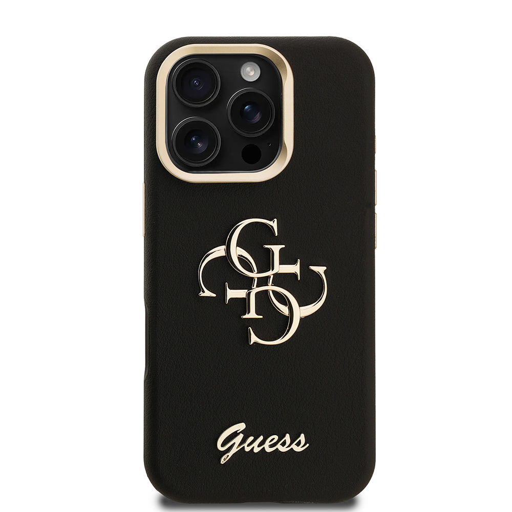 Apple iPhone 16 Pro Max Kılıf Guess Kamera Standlı Grained Yazı Logolu Kapak Siyah