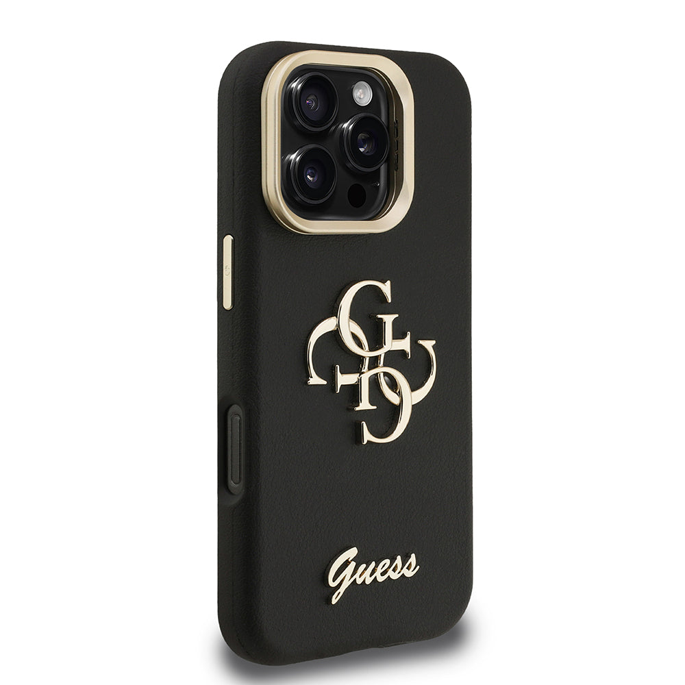 Apple iPhone 16 Pro Max Kılıf Guess Kamera Standlı Grained Yazı Logolu Kapak Siyah
