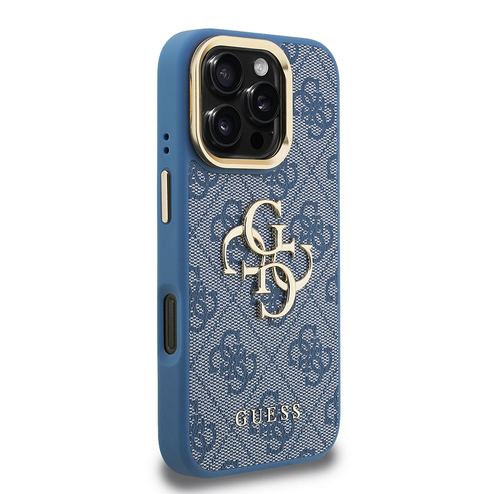 Apple iPhone 16 Pro Max Kılıf Guess Kamera Standlı Kapak 4G Desenli Metal 4G Logolu Mavi