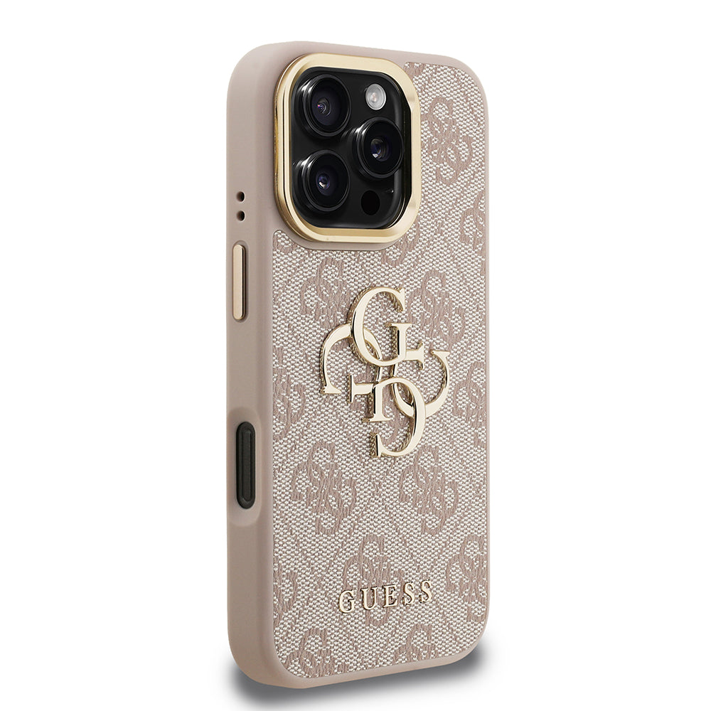 Apple iPhone 16 Pro Max Kılıf Guess Kamera Standlı Kapak 4G Desenli Metal 4G Logolu Pembe