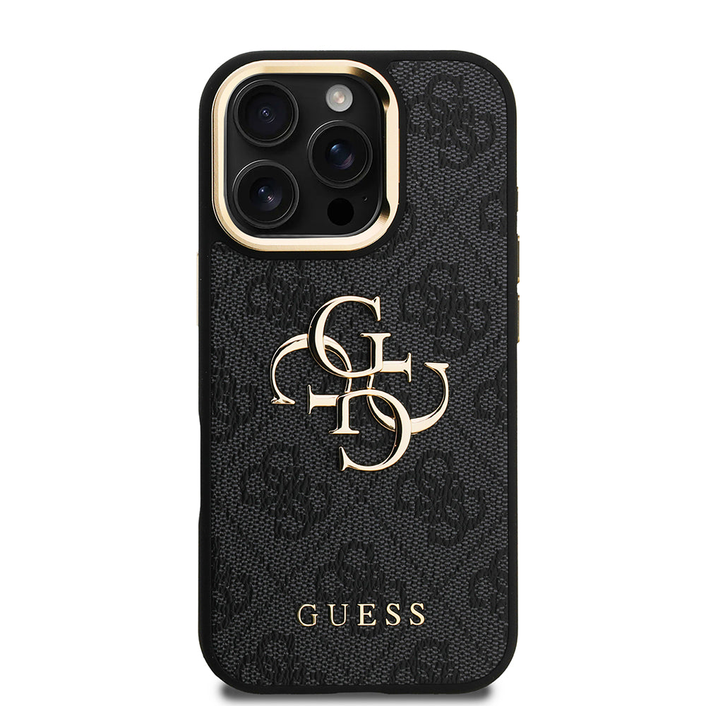 Apple iPhone 16 Pro Max Kılıf Guess Kamera Standlı Kapak 4G Desenli Metal 4G Logolu Siyah