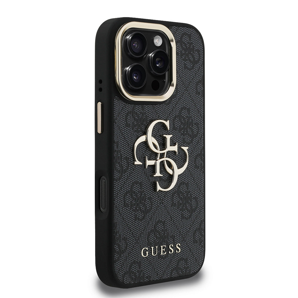Apple iPhone 16 Pro Max Kılıf Guess Kamera Standlı Kapak 4G Desenli Metal 4G Logolu Siyah