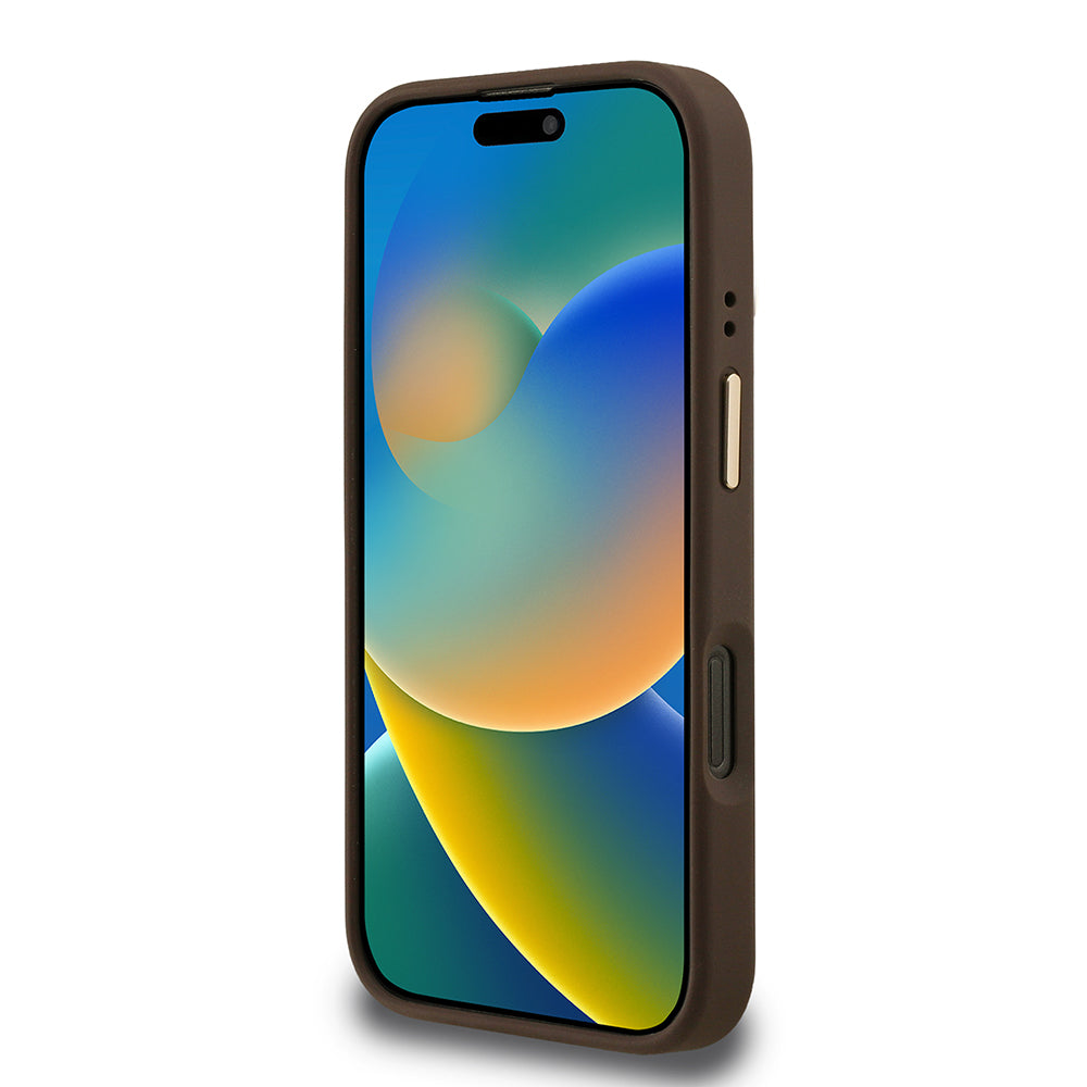 Apple iPhone 16 Pro Max Kılıf Guess Kamera Standlı M-Safe Özellikli Kapak Üçgen Logo 4G Desenli Kahverengi