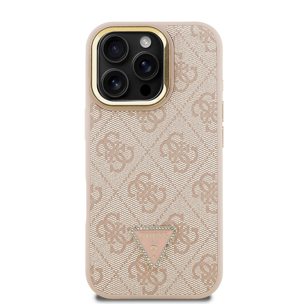 Apple iPhone 16 Pro Max Kılıf Guess Kamera Standlı M-Safe Özellikli Kapak Üçgen Logo 4G Desenli Pembe