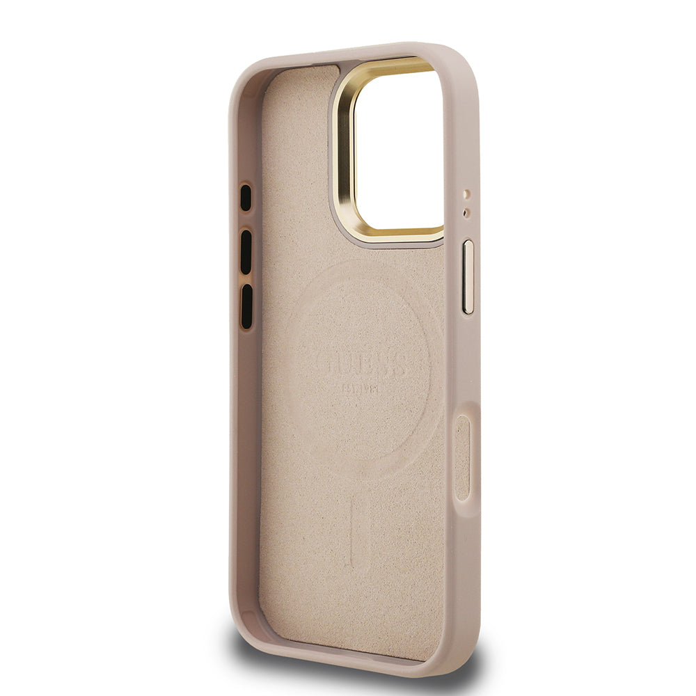 Apple iPhone 16 Pro Max Kılıf Guess Kamera Standlı M-Safe Özellikli Kapak Üçgen Logo 4G Desenli Pembe