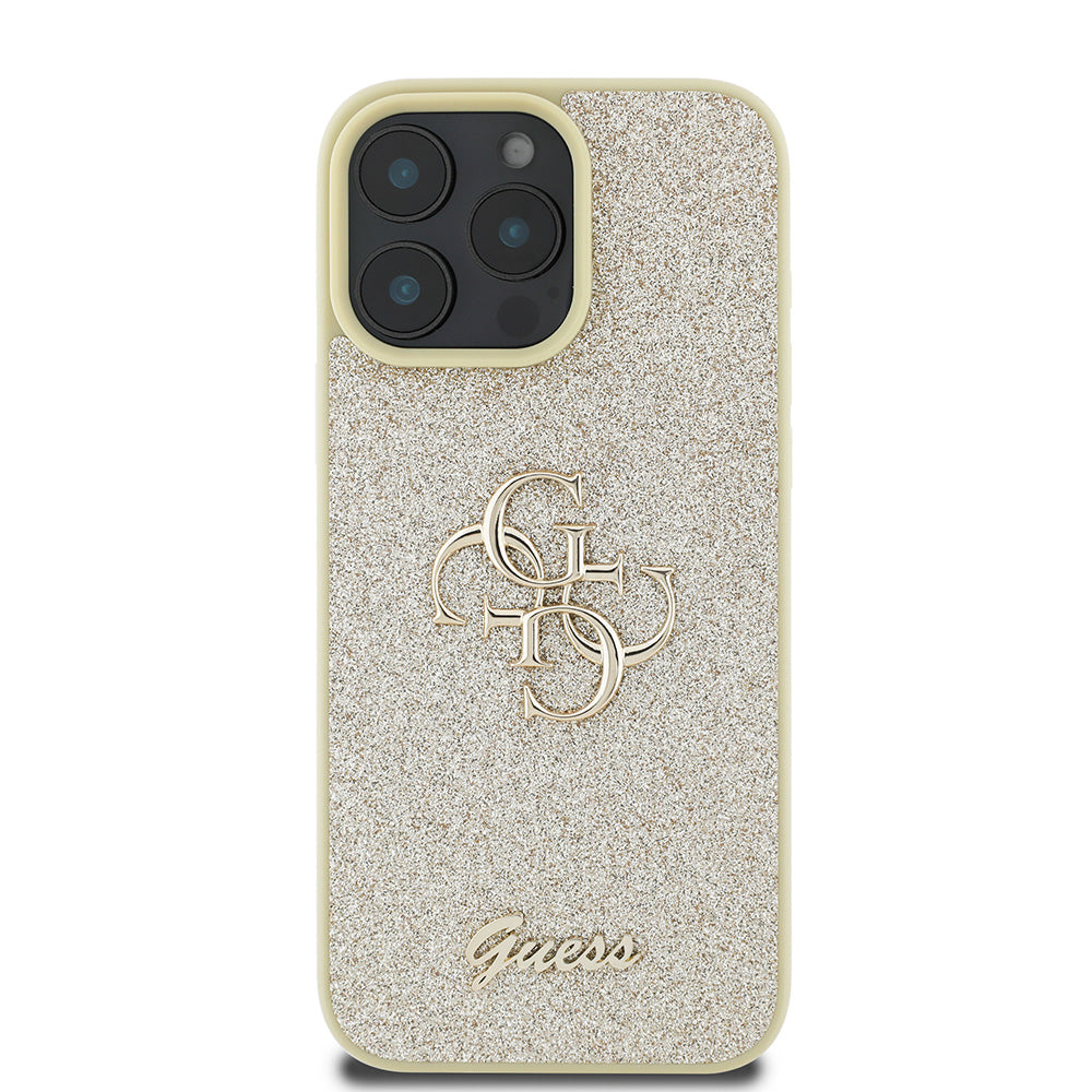 Apple iPhone 16 Pro Max Kılıf Guess 4G Büyük Metal Logolu Glitter Kapak Gold