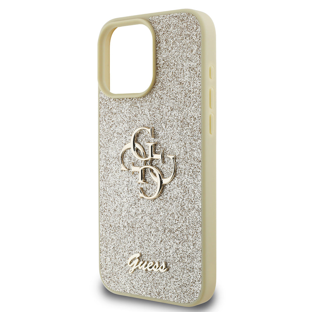 Apple iPhone 16 Pro Max Kılıf Guess 4G Büyük Metal Logolu Glitter Kapak Gold