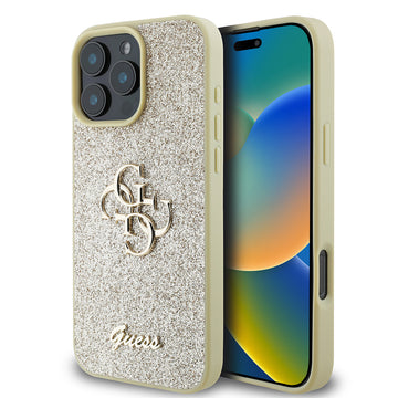 Apple iPhone 16 Pro Max Kılıf Guess 4G Büyük Metal Logolu Glitter Kapak Gold